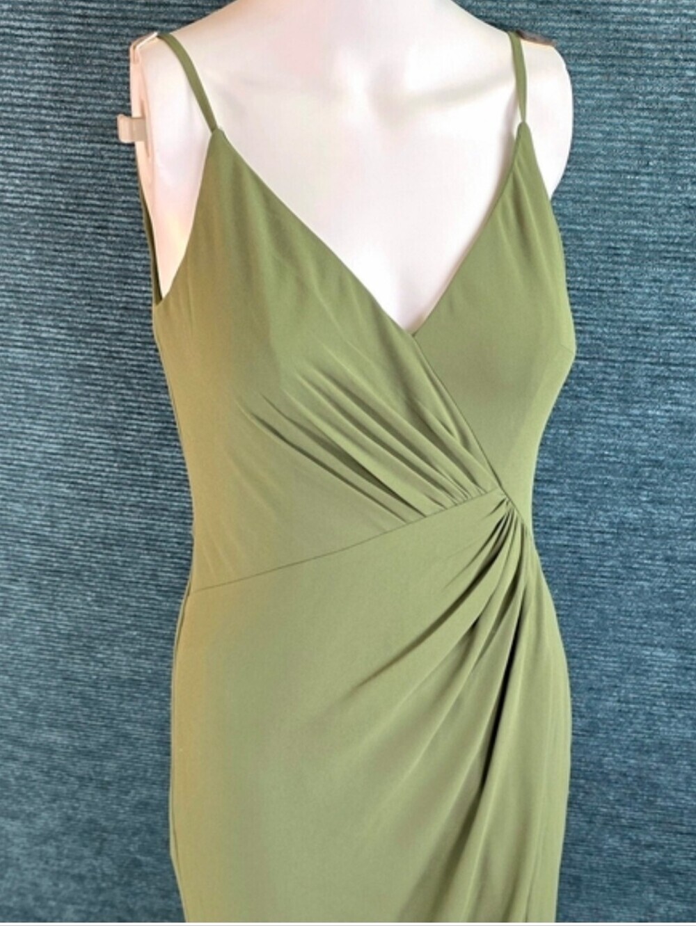 David's Bridal Chiffon Cowl Back V-neck Sheath Dress Martini Olive Color - Picture 8 of 14